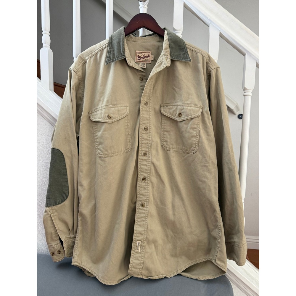 Woolrich Mens Khaki Tan Cotton Button Down Shirt Olive Corduroy Elbow Patches L